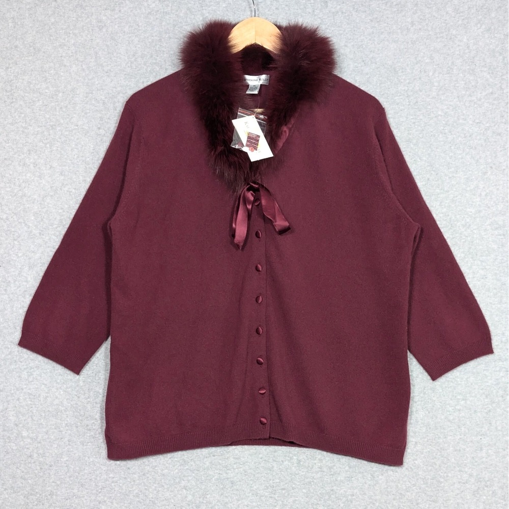 Katherine Kelly Cashmere Cardigan Womens XL Dyed Fox Fur Removable Collar New